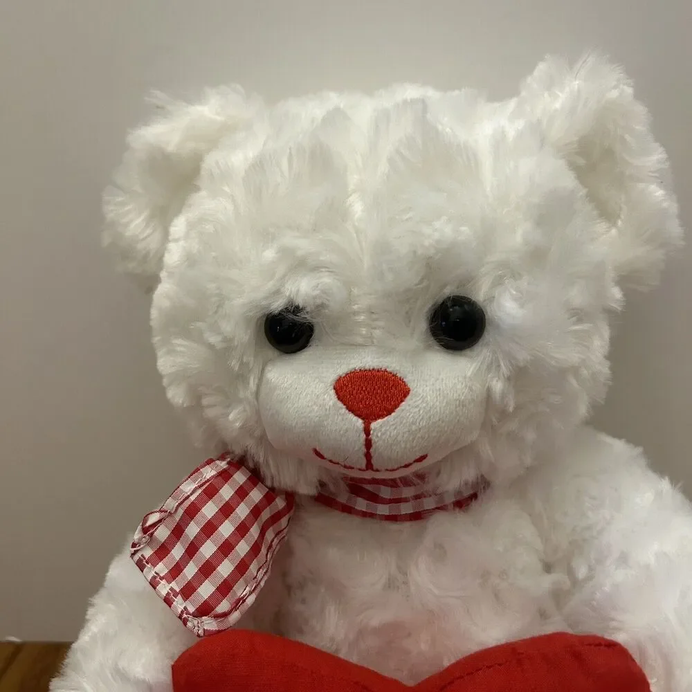 Burton + Burton White Plush Bear with Red Checked Accents Holding Heart 10 Inch